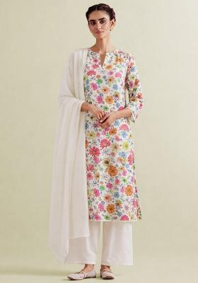 Ivory Floral Print Chinon Kurta Set