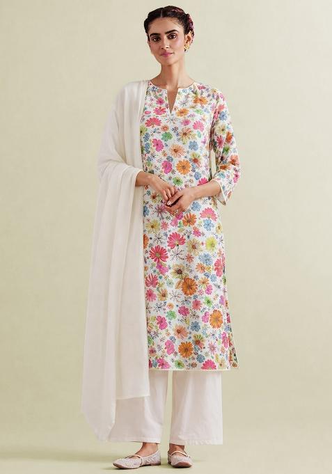 Ivory Floral Print Chinon Straight Kurta Set