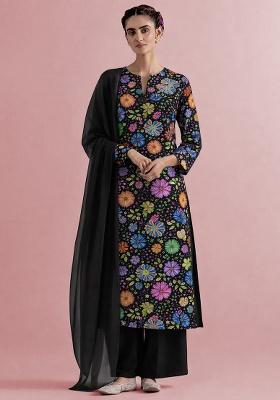 Black Floral Print Chinon Kurta Set