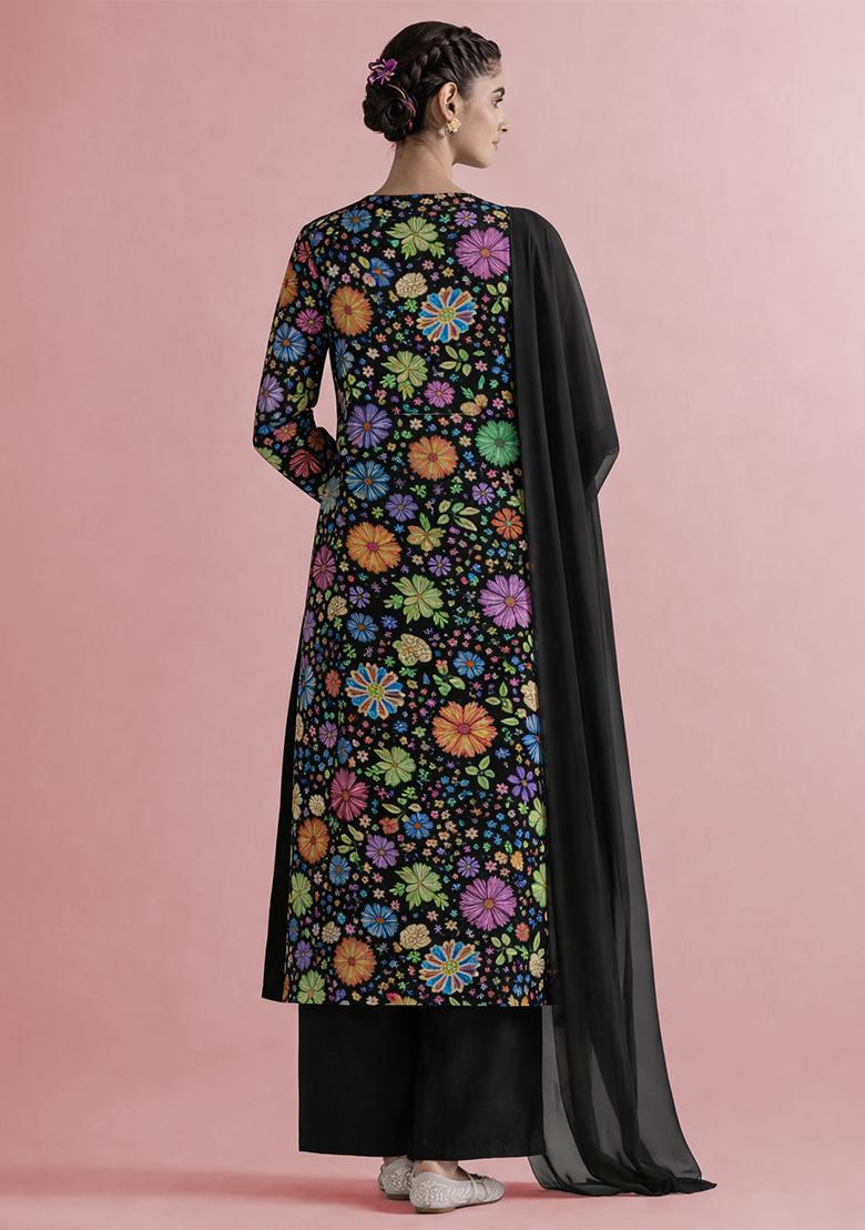 Black Floral Print Chinon Kurta Set - Indya