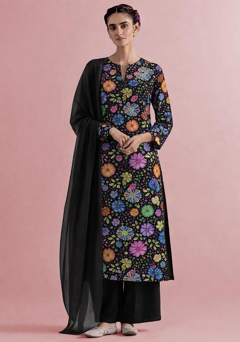 Black Floral Print Chinon Straight Kurta Set