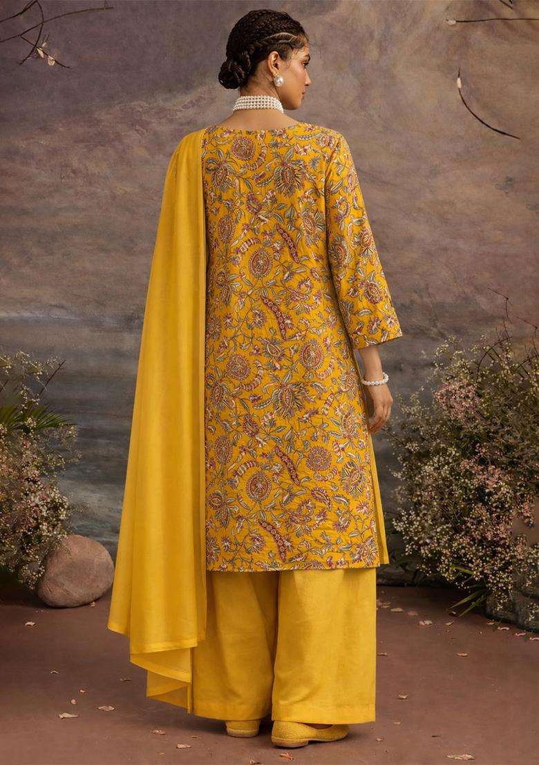 Yellow Embroidered Crepe Kurta Set - Indya
