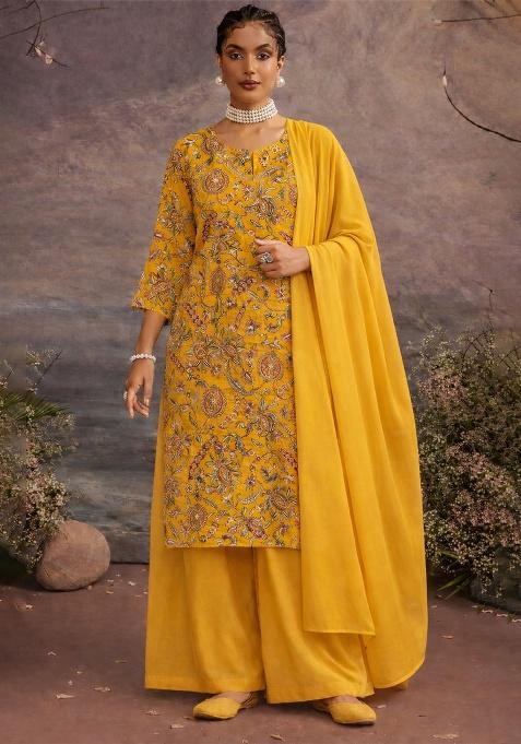 Yellow Printed Crepe Straight Kurta Set