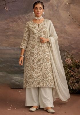 Off White Embroidered Crepe Kurta Set
