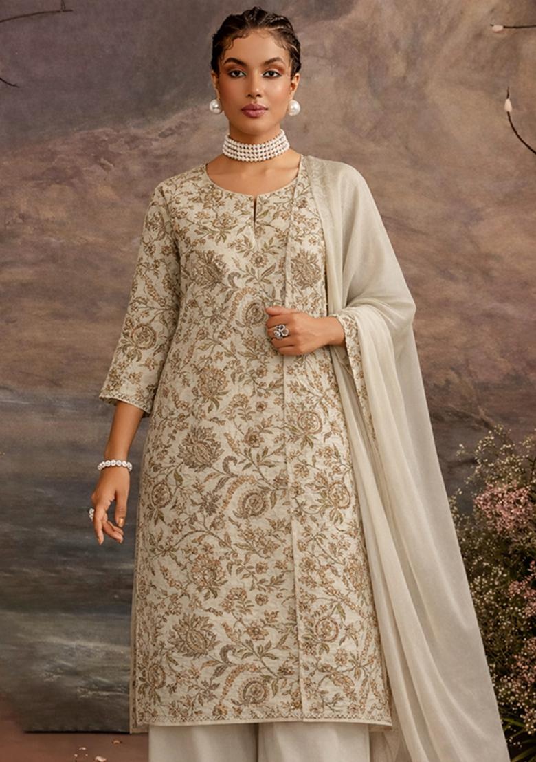 Off White Embroidered Crepe Kurta Set - Indya