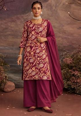 Deep Maroon Embroidered Crepe Kurta Set