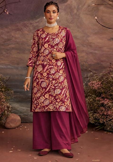 Deep Maroon Embroidered Crepe Straight Kurta Set