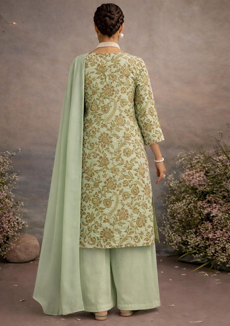 Mint Green Embroidered Crepe Kurta Set - Indya