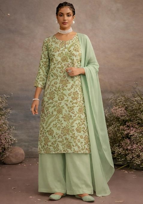 Mint Green Embroidered Crepe Straight Kurta Set