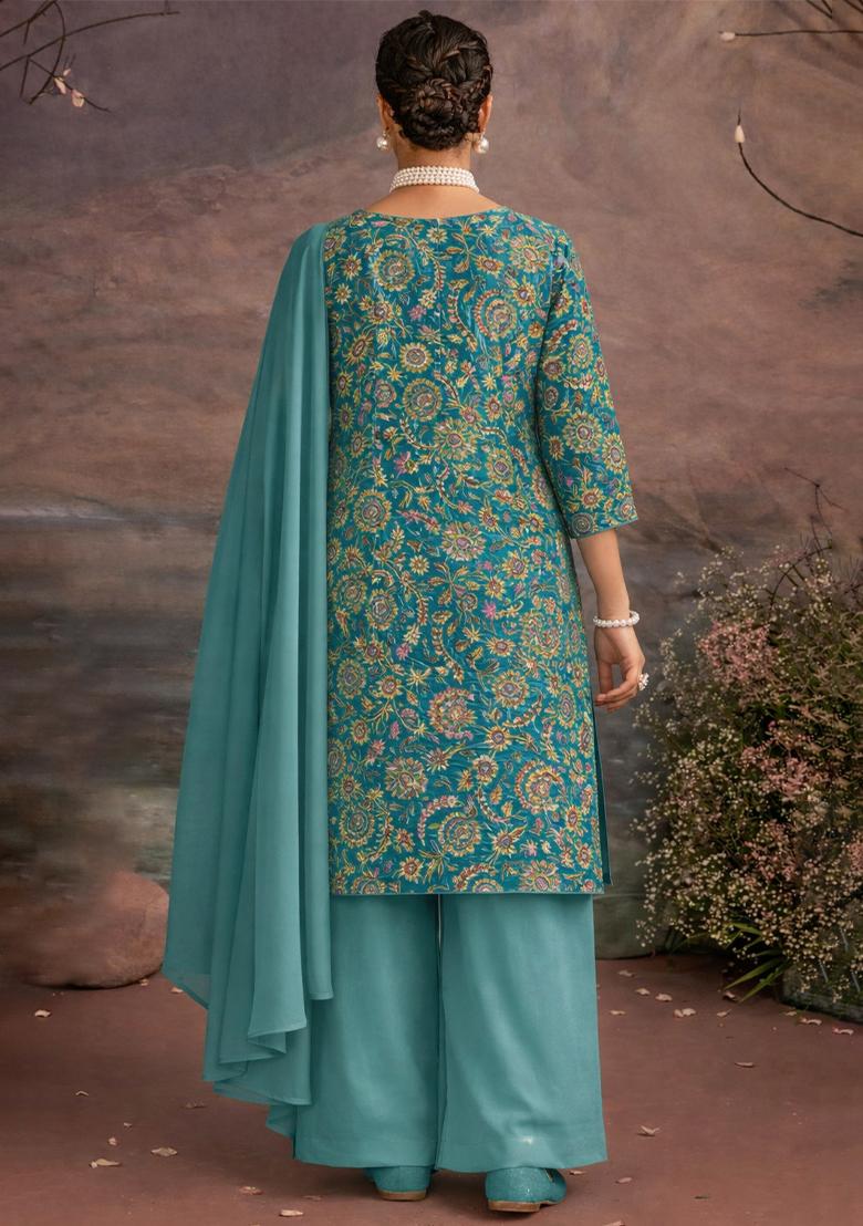 Teal Green Embroidered Crepe Kurta Set - Indya