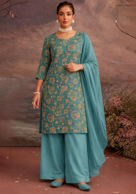Teal Green Printed Crepe Straight Kurta Set