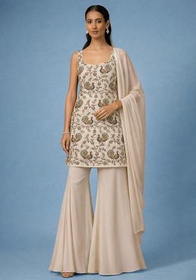 Off White Embroidered Crepe Sharara Set