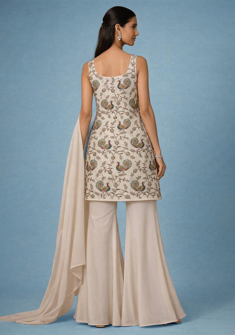 Off White Embroidered Crepe Sharara Set - Indya