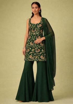 Dark Green Embroidered Crepe Sharara Set