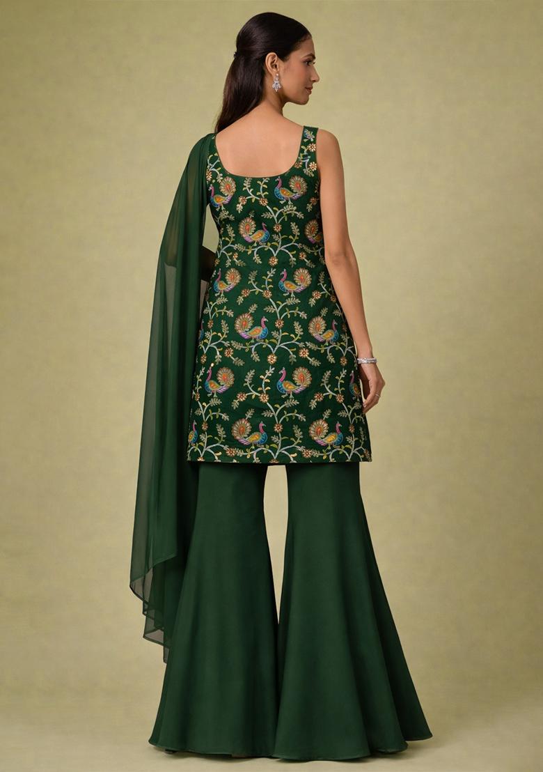 Dark Green Embroidered Crepe Sharara Set - Indya