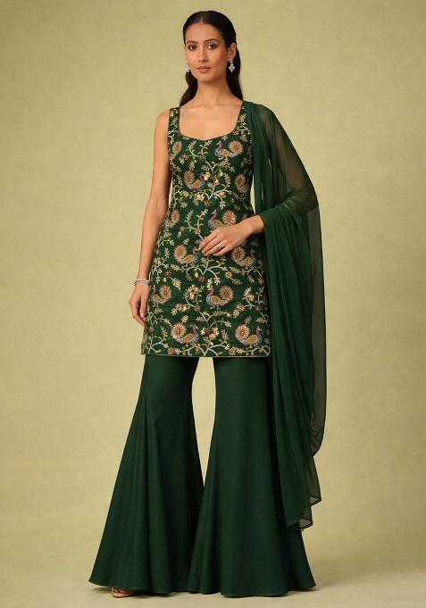 Dark Green Embroidered Crepe Sharara Set