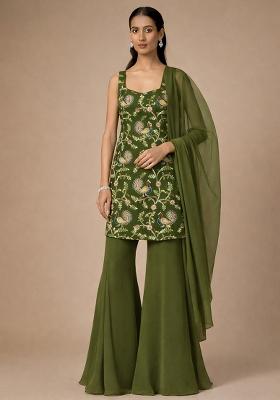 Olive Green Embroidered Crepe Sharara Set