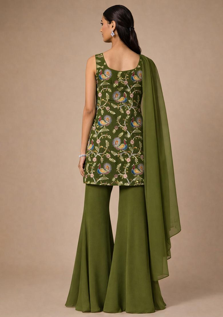 Olive Green Embroidered Crepe Sharara Set - Indya