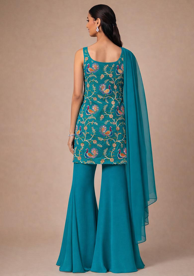 Aqua Blue Embroidered Crepe Sharara Set - Indya