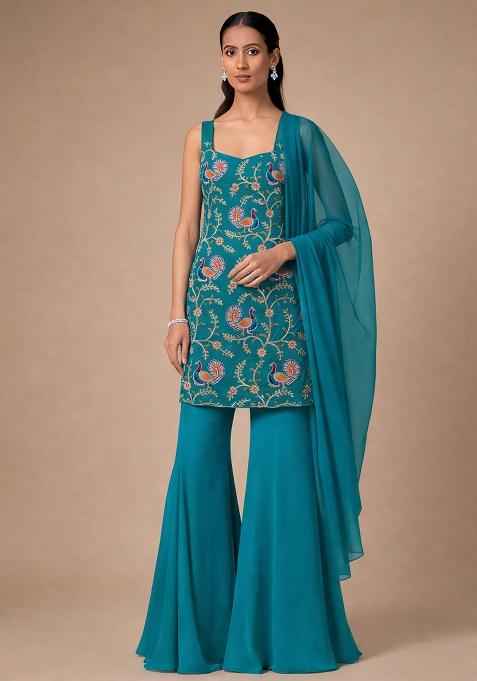 Aqua Blue Embroidered Crepe Sharara Set
