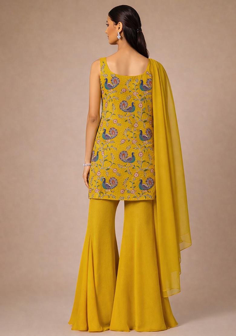 Yellow Embroidered Crepe Sharara Set - Indya