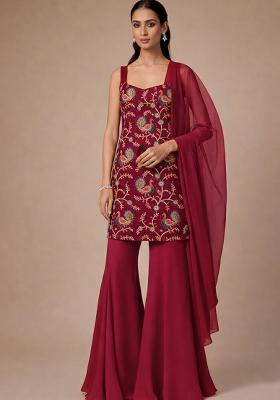 Red Embroidered Crepe Sharara Set