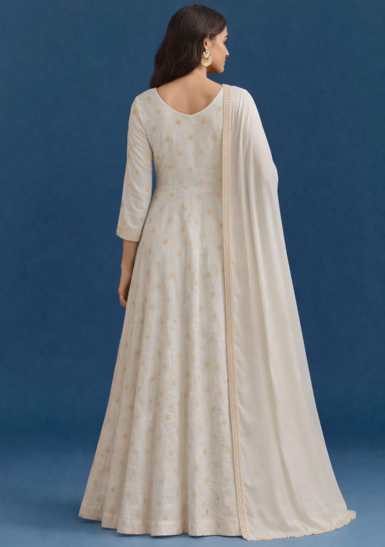 Ivory Embroidered Shimmer Anarkali With Dupatta - Indya
