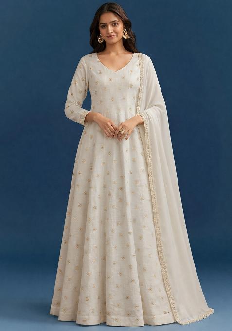 Ivory Embroidered Shimmer Anarkali With Dupatta