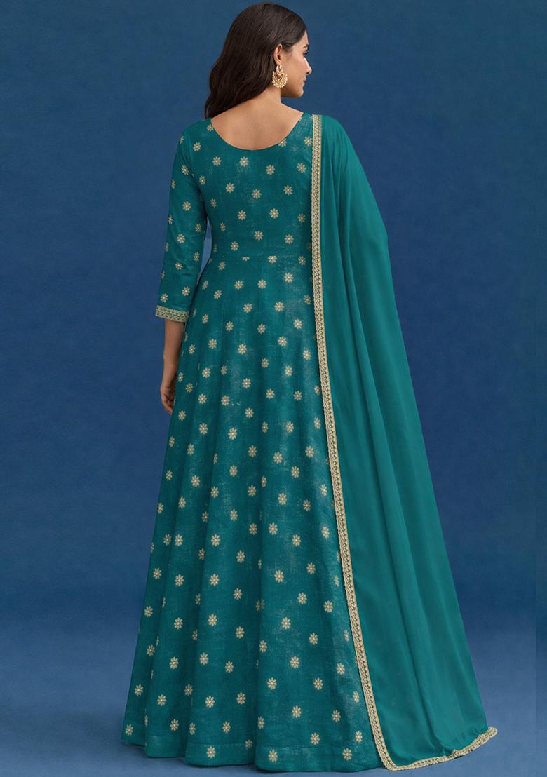 Emerald Green Embroidered Shimmer Anarkali With Dupatta - Indya