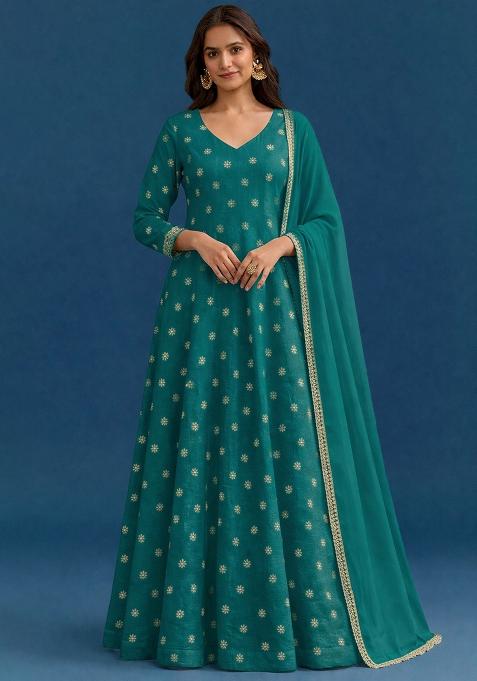 Emerald Green Embroidered Shimmer Anarkali With Dupatta