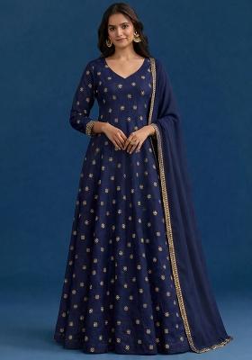 Navy Blue Embroidered Shimmer Anarkali With Dupatta
