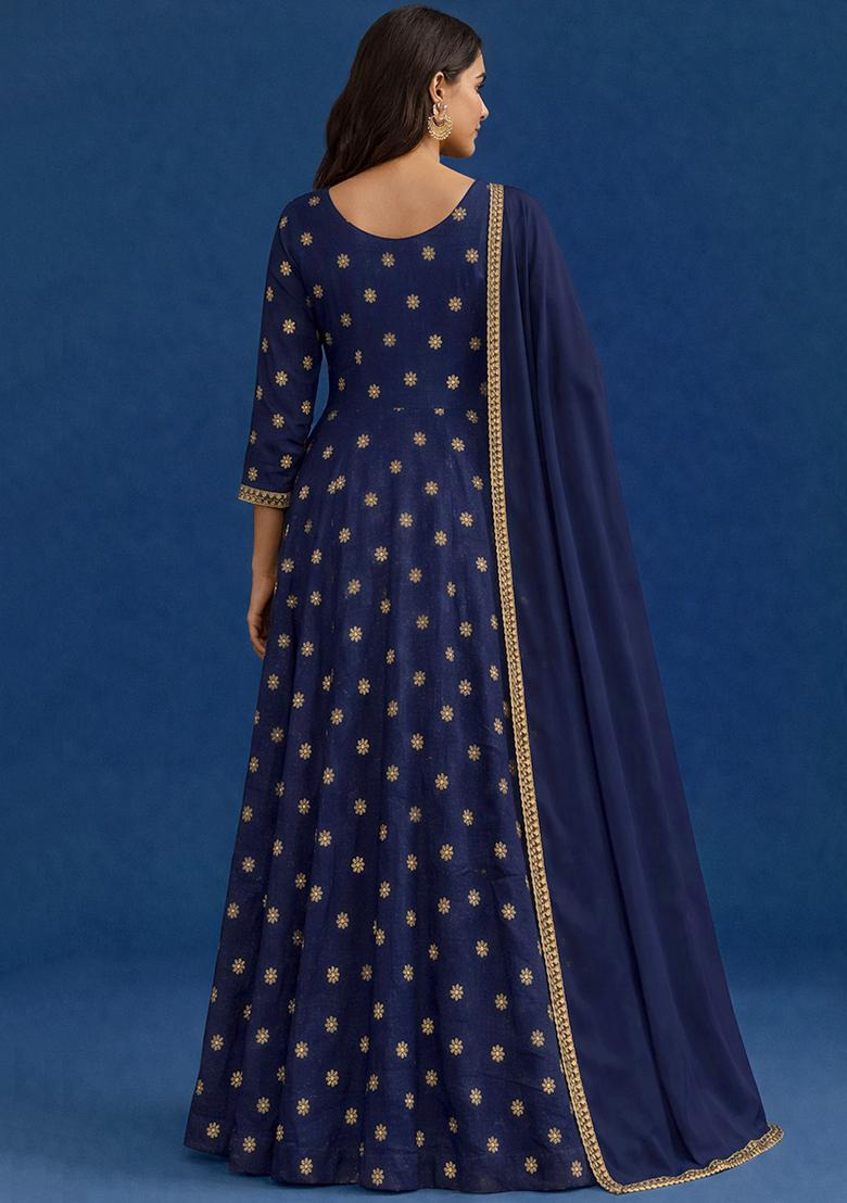 Navy Blue Embroidered Shimmer Anarkali With Dupatta - Indya