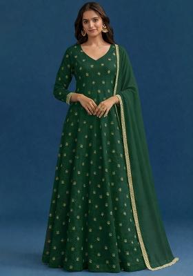 Dark Green Embroidered Shimmer Anarkali With Dupatta