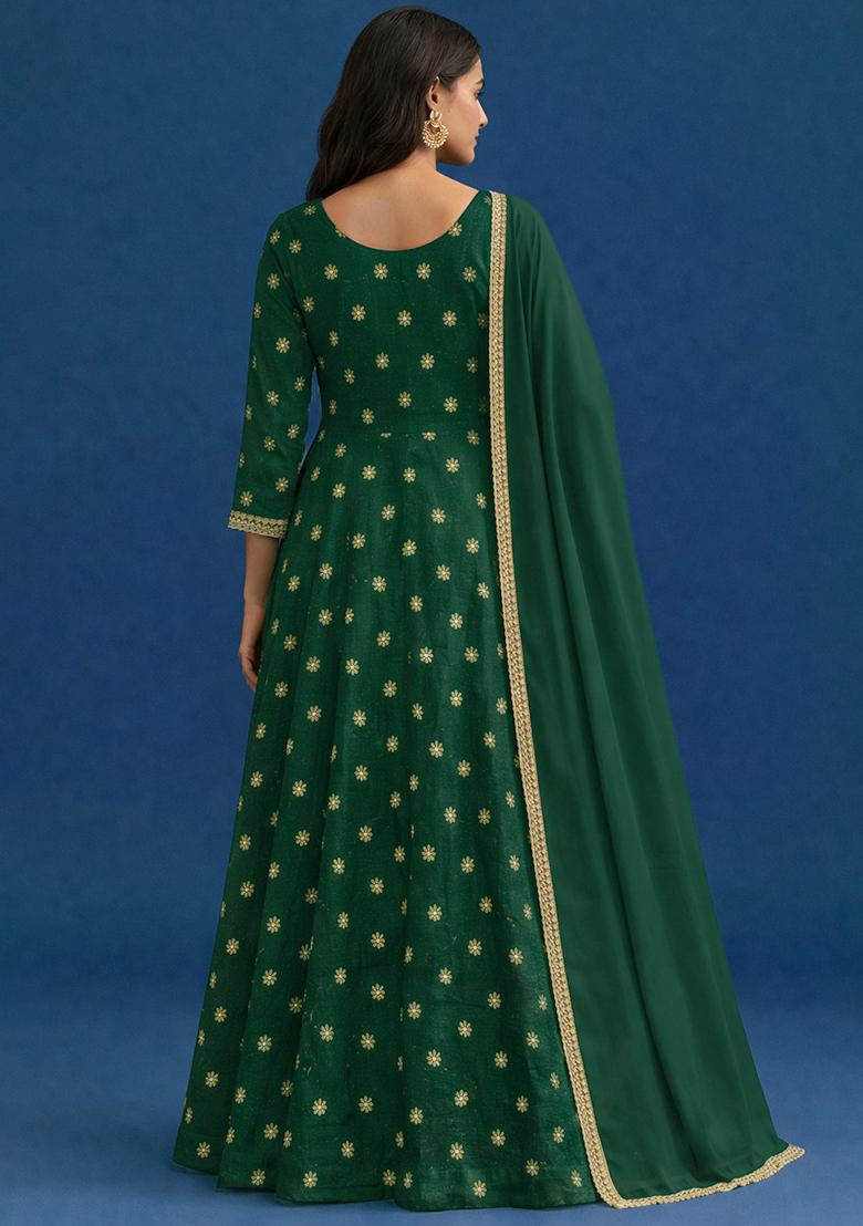 Dark Green Embroidered Shimmer Anarkali With Dupatta - Indya