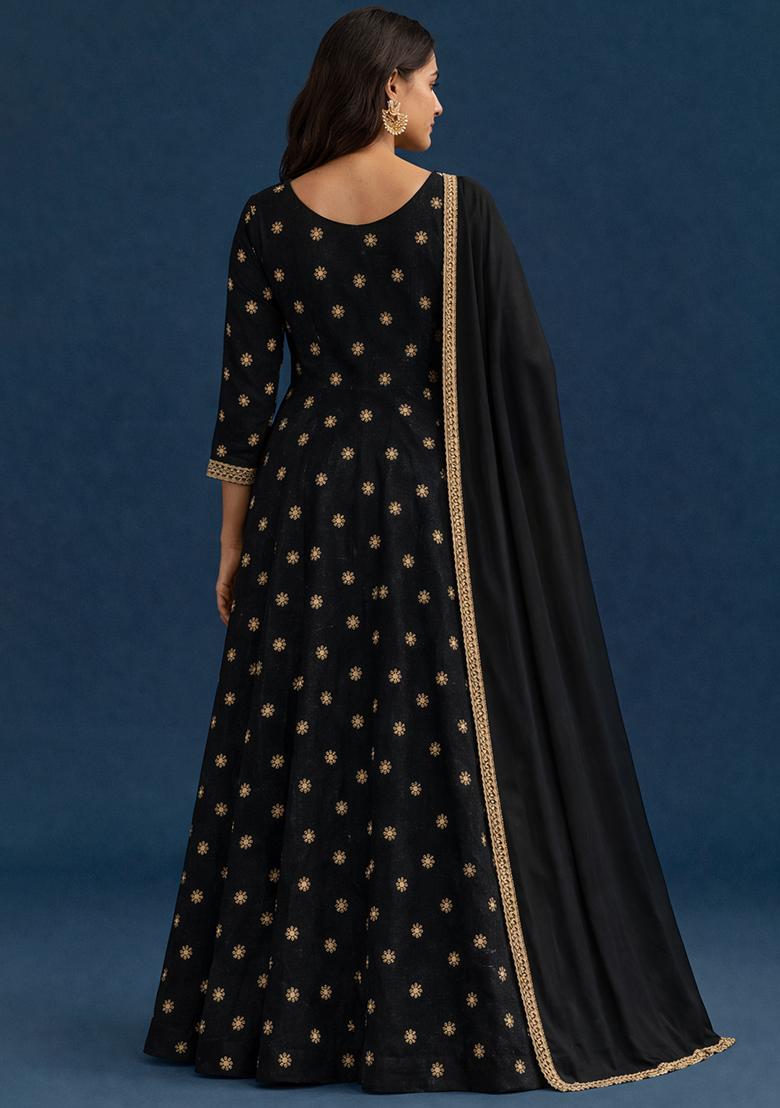 Black Embroidered Shimmer Anarkali With Dupatta - Indya