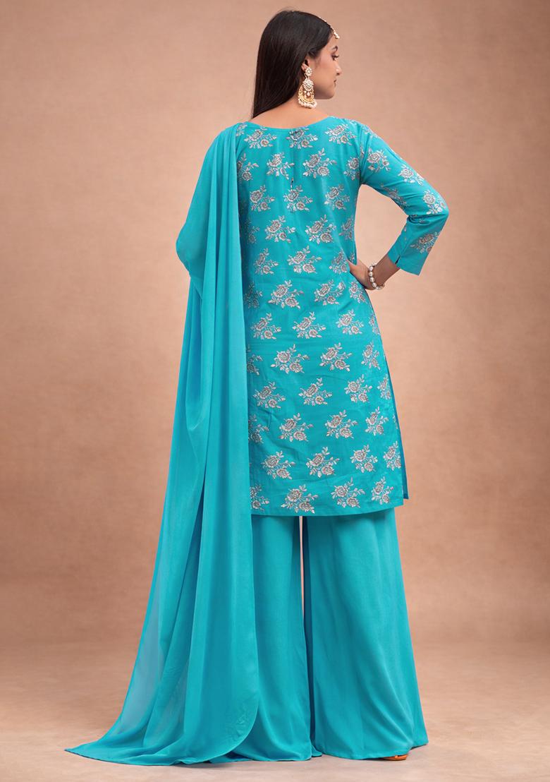 Aqua Blue Embroidered Crepe Sharara Set - Indya