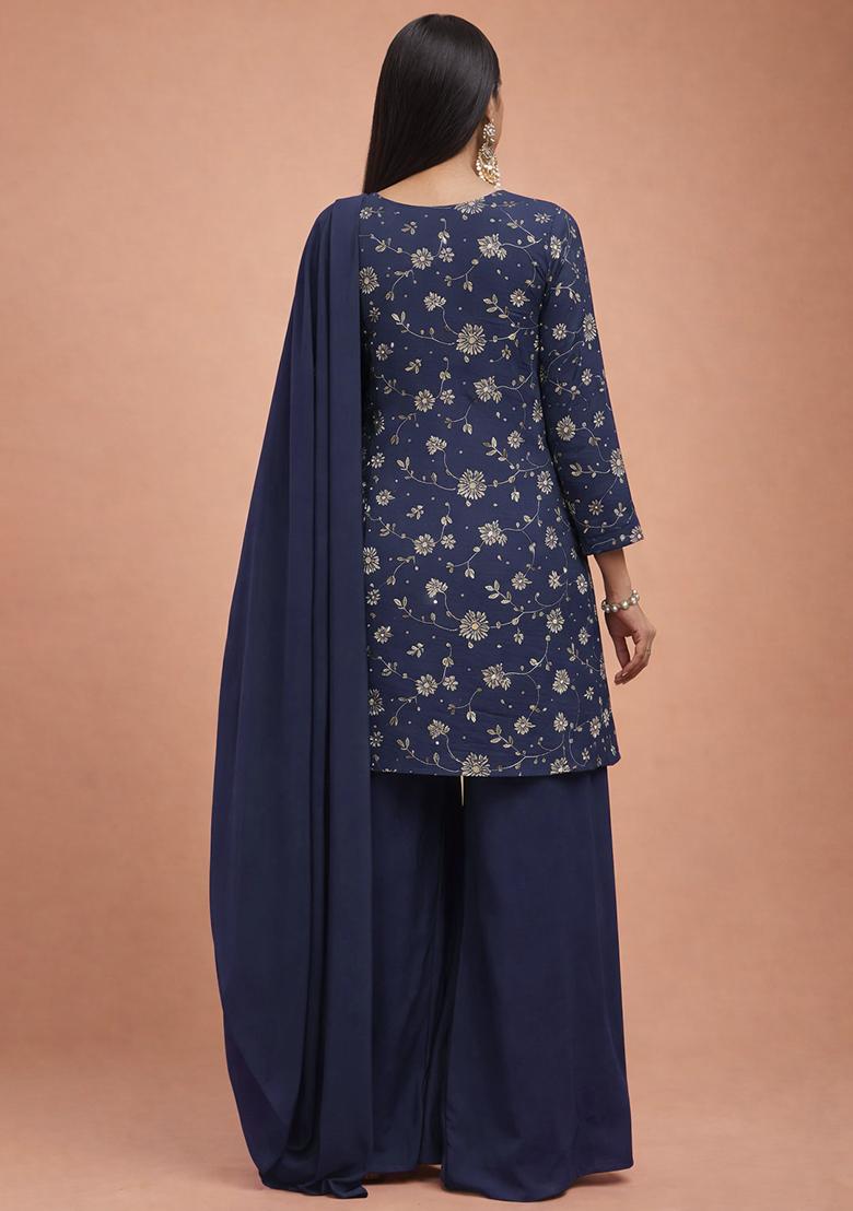 Purple Embroidered Tissue Sharara Set - Indya