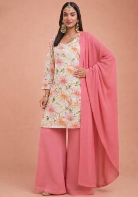 Pink Floral Print Crepe Sharara Set