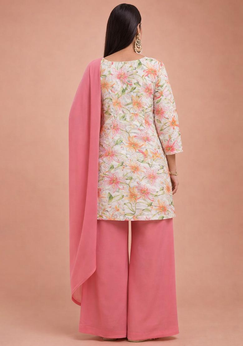 Pink Floral Print Crepe Sharara Set - Indya