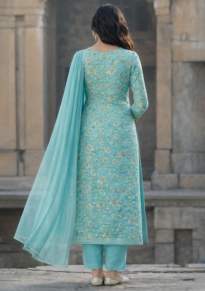 Aqua Blue Embroidered Tissue Kurta Set - Indya