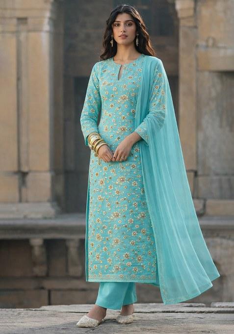 Aqua Blue Embroidered Tissue Kurta Set