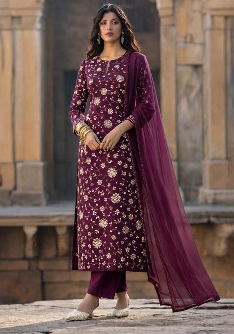 Wine Embroidered Tissue Straight Kurta Set