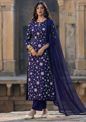 Navy Blue Embroidered Tissue Kurta Set