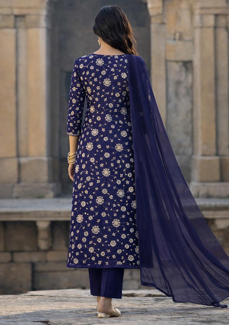Navy Blue Embroidered Tissue Kurta Set - Indya