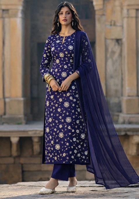 Navy Blue Embroidered Tissue Pakistani Suit Set