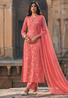 Peach Embroidered Tissue Kurta Set