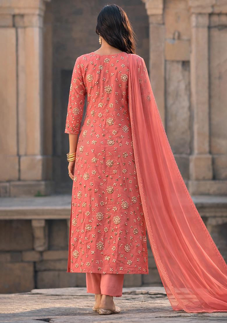 Peach Embroidered Tissue Kurta Set - Indya