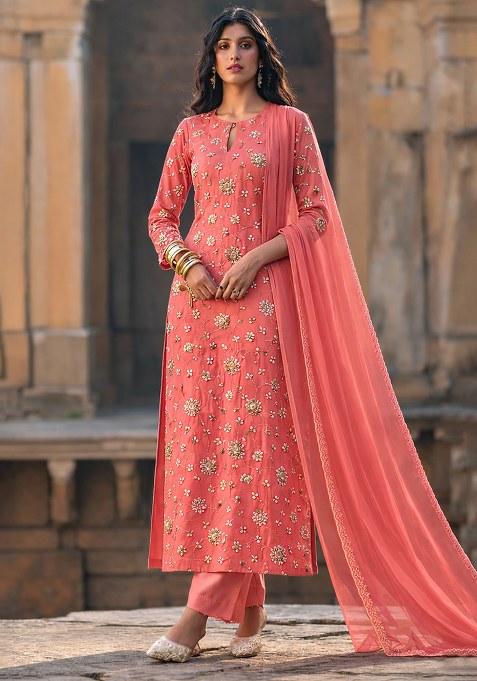 Peach Embroidered Tissue Pakistani Suit Set