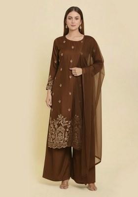 Brown Embroidered Crepe Kurta Set