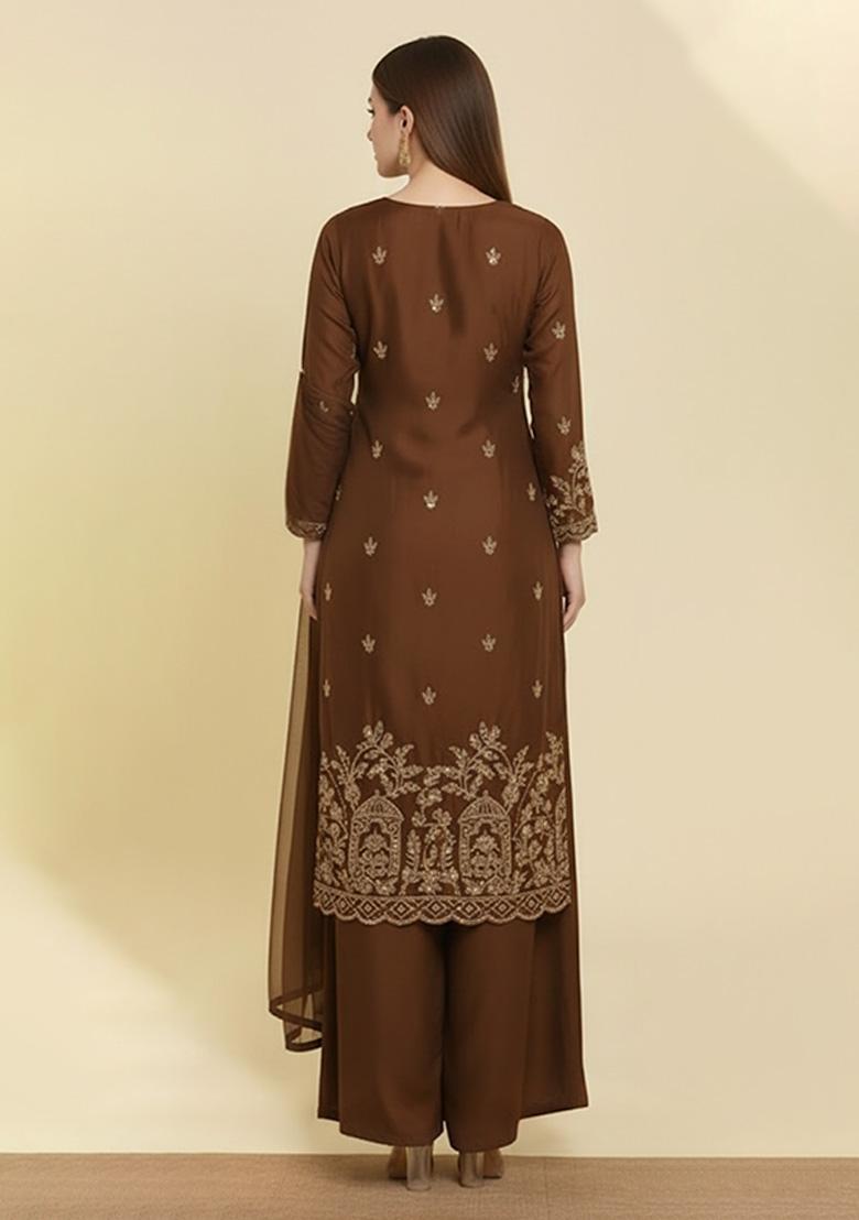 Brown Embroidered Crepe Kurta Set - Indya